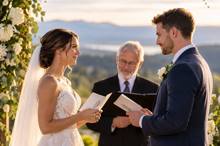 A couple reading their written wedding vows with the officiant