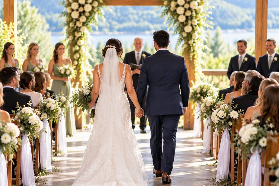 A wedding processional as the bride walks down the aisle toward the ceremony