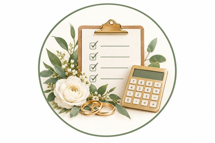A wedding planning checklist with flowers, rings and a pen