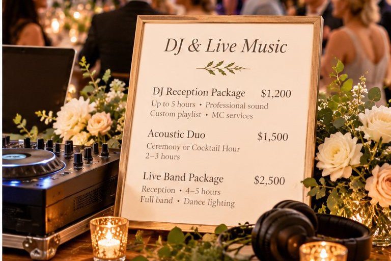 A DJ and live music price sign at a wedding reception