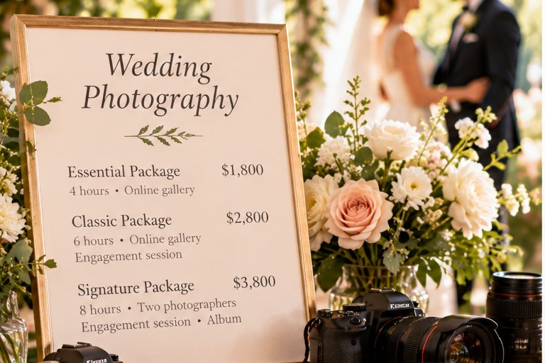 A wedding reception table with a photography price sign
