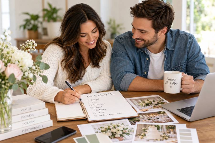 A couple writing and organizing their wedding guest list together using a notebook and laptop