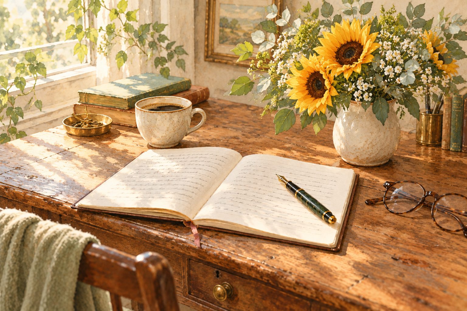 A sunlit writing desk with an open handwritten journal, a fountain pen, reading glasses, a cup of coffee and a vase of sunflowers