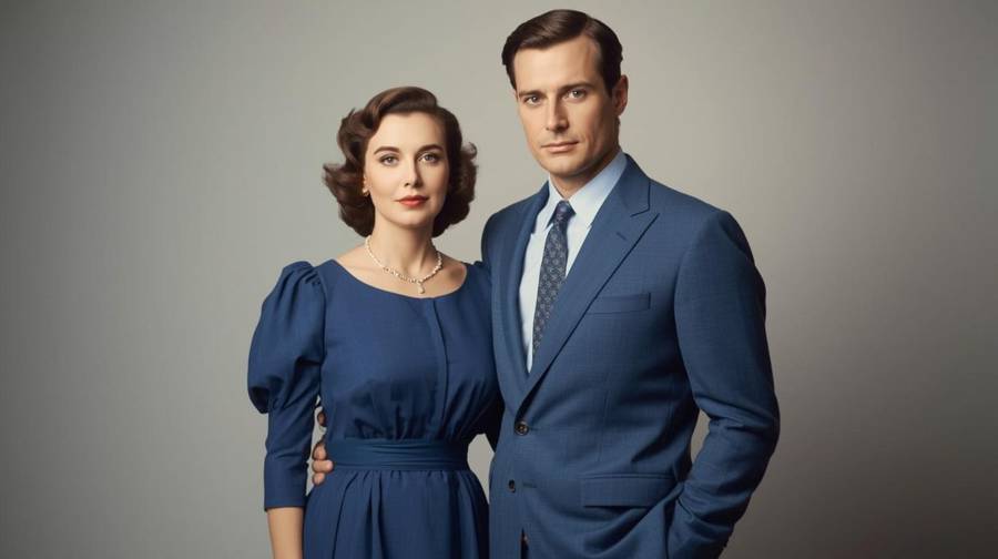 A couple in 1950s style, she in a navy puff-sleeve dress and he in a blue suit