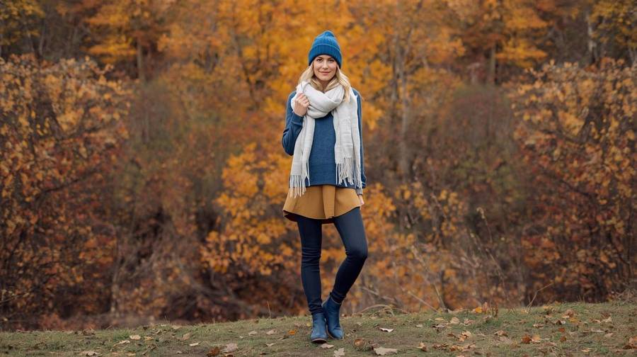 A woman in a blue beanie, white scarf, mustard skirt and blue boots in front of autumn trees