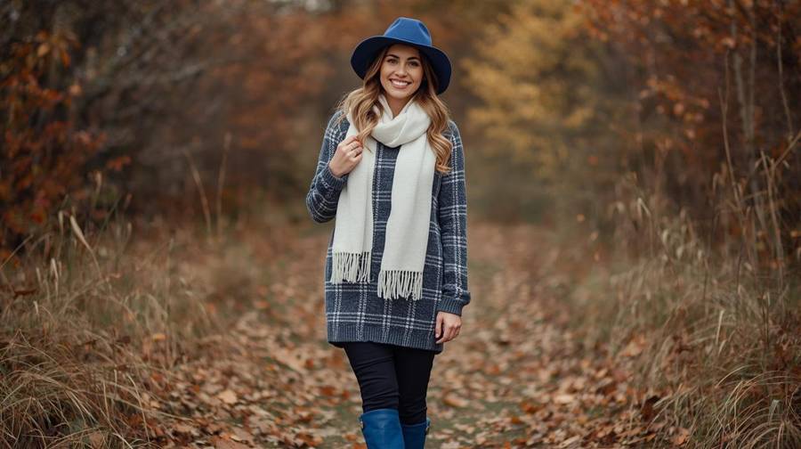 A woman in a blue hat, white scarf and plaid sweater dress with blue boots walking through fallen leaves