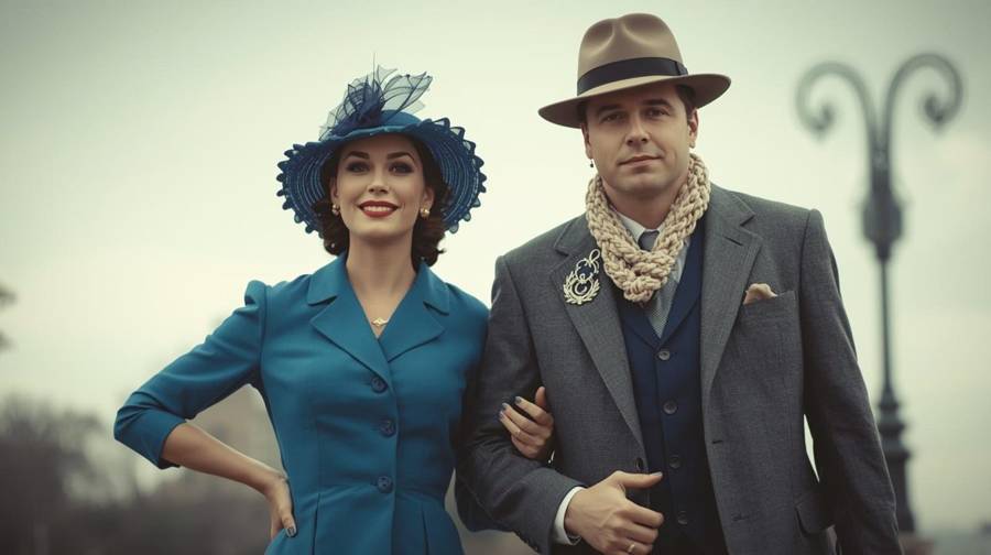 A couple in blue and tweed vintage-style outfits, she in a teal coat and blue hat, he in a brown fedora and scarf