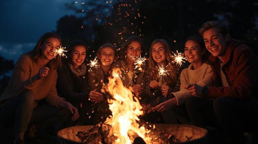 Friends smiling with sparklers around a glowing fire pit at night