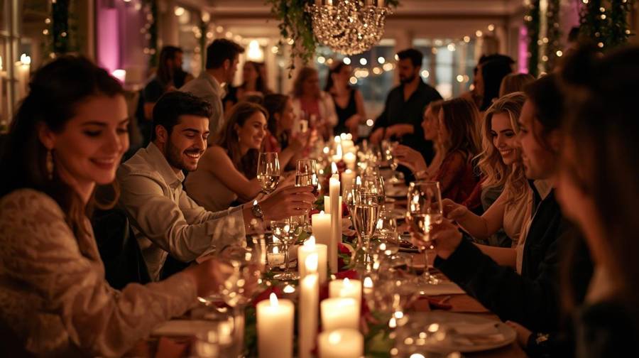 Guests raising glasses along a candlelit table at an engagement party