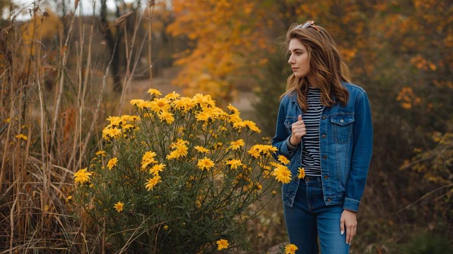 A woman in a denim jacket and jeans standing beside yellow wildflowers in autumn