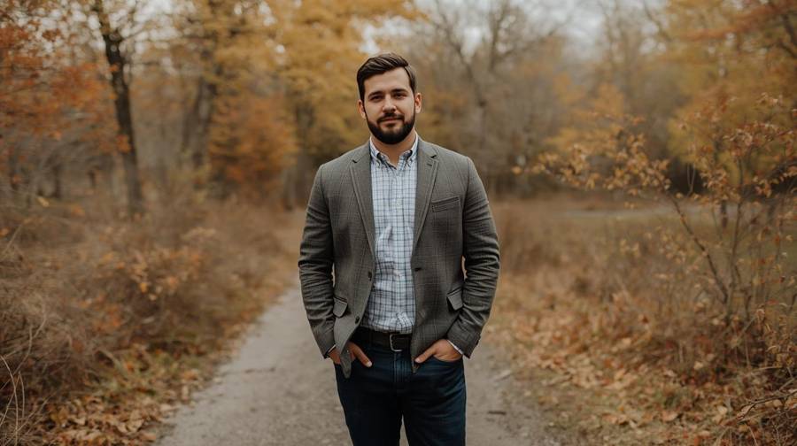 A bearded man in a gray blazer, checked shirt and dark jeans on an autumn path