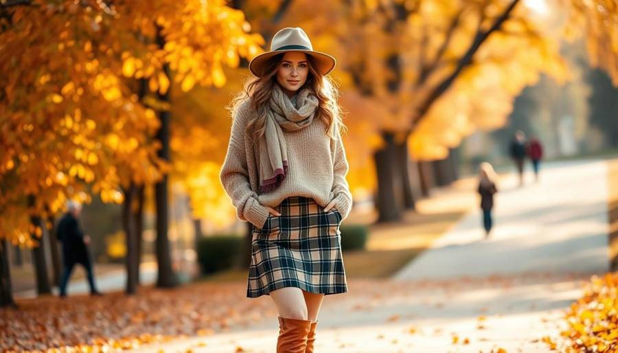 A woman in a felt hat, cream sweater, scarf and plaid skirt with boots on a leaf-covered autumn path