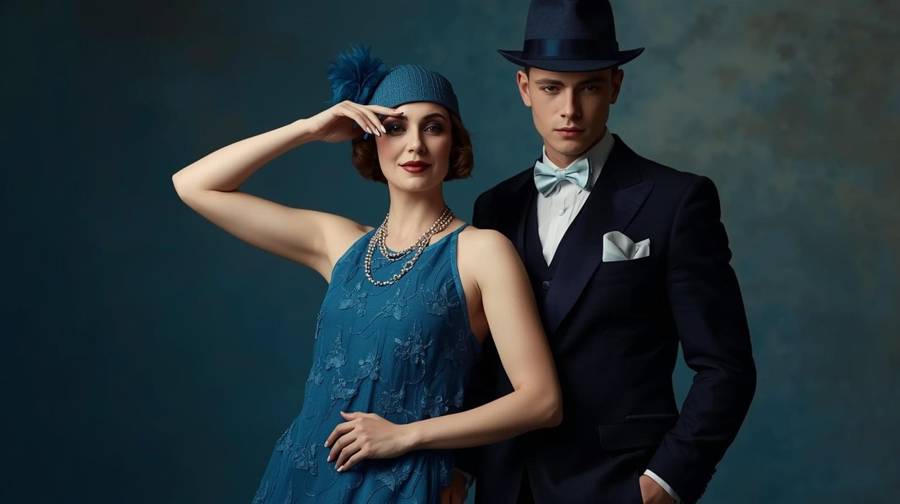 A couple dressed in 1920s style, she in a beaded blue dress and hat, he in a dark suit and fedora