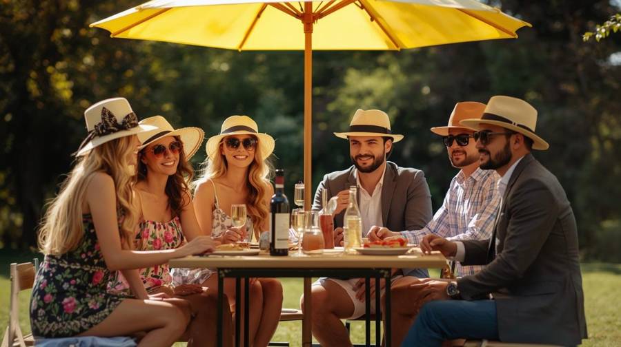 Friends in straw hats and sunglasses sharing wine and snacks under a yellow umbrella