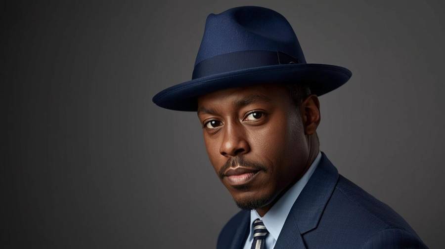 A man in a navy felt fedora, navy suit and striped tie