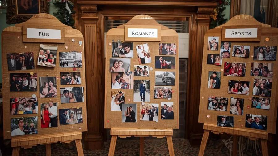 Three easels with photo boards labeled Fun, Romance and Sports