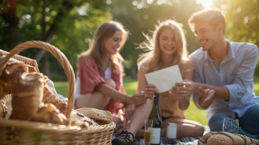 Friends on a sunny picnic blanket beside a wicker basket of bread, opening an envelope together