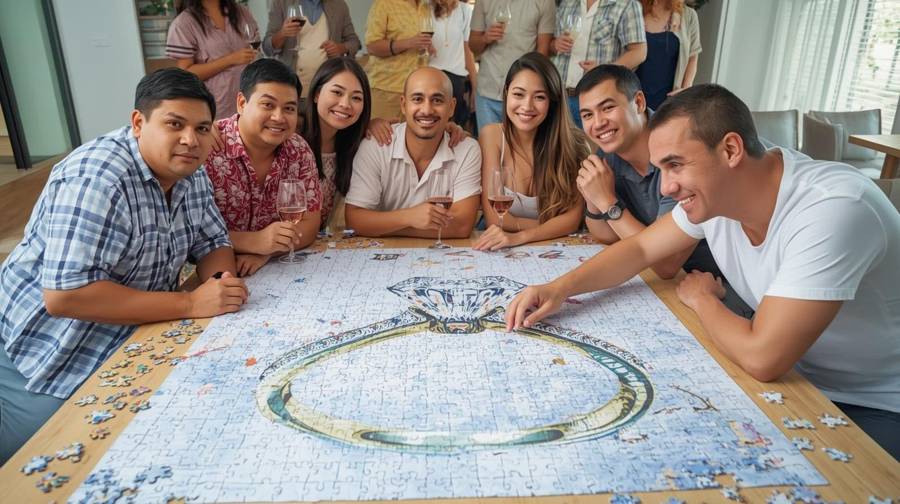 Friends gathered around a large jigsaw puzzle of a diamond ring, with wine glasses in hand