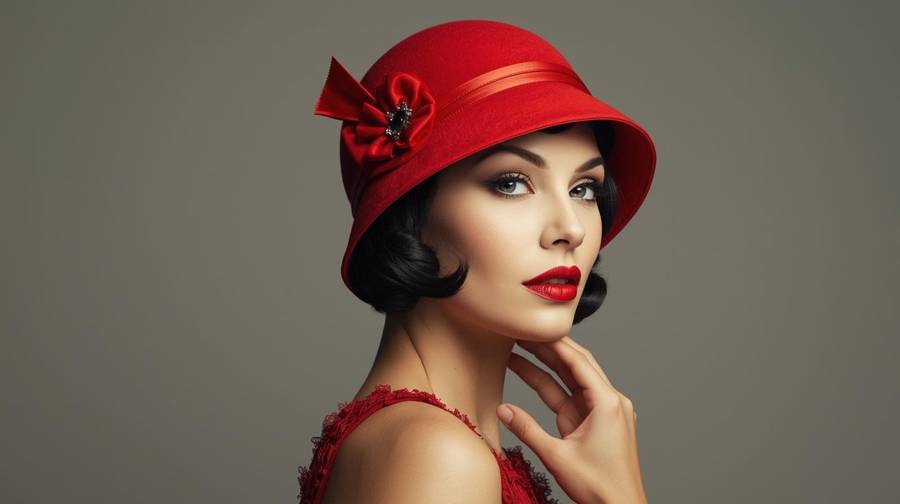 A woman in a red felt cloche hat with a satin flower, red lipstick and a red lace dress