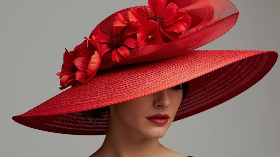 A woman in a wide-brimmed red hat trimmed with red flowers
