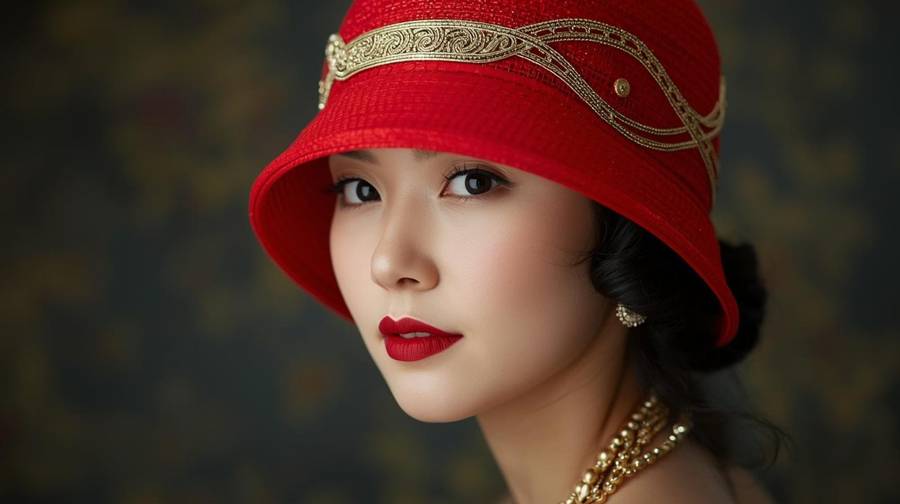 A woman in a red woven bucket hat with gold trim and layered gold necklaces