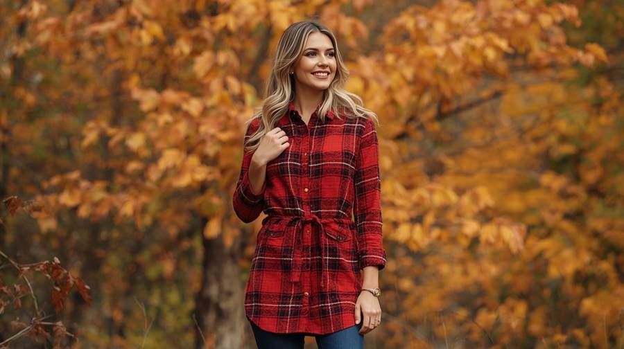A woman in a red plaid shirt dress with a tied waist among orange fall leaves