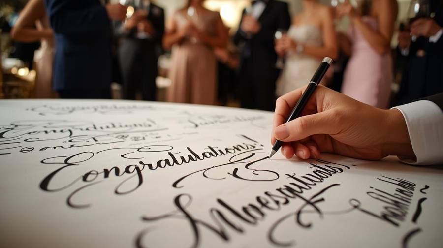 A guest writing Congratulations in marker on a white keepsake tablecloth