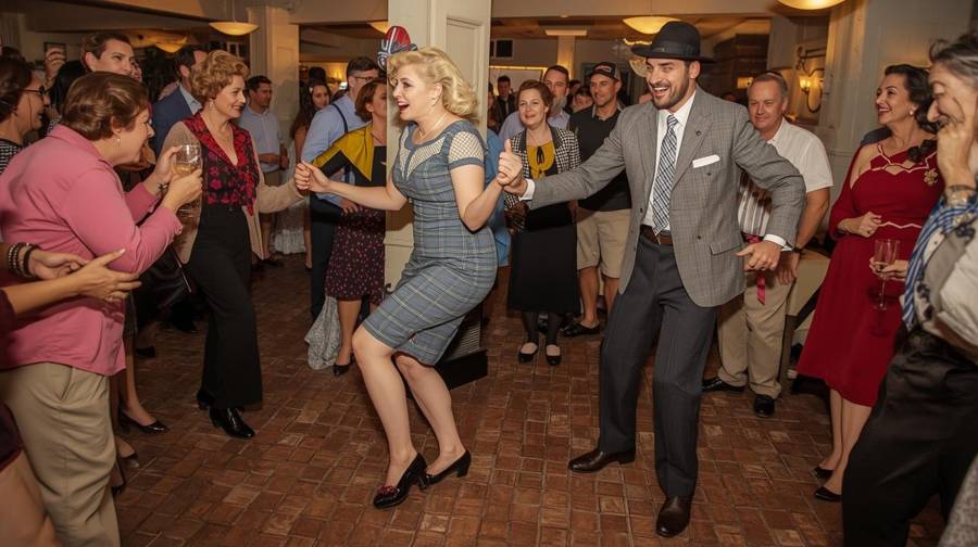 A couple in vintage clothes dancing in a crowded room while guests clap and smile