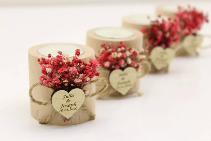 Wooden tea-light candle favors with red dried baby's breath and engraved heart tags