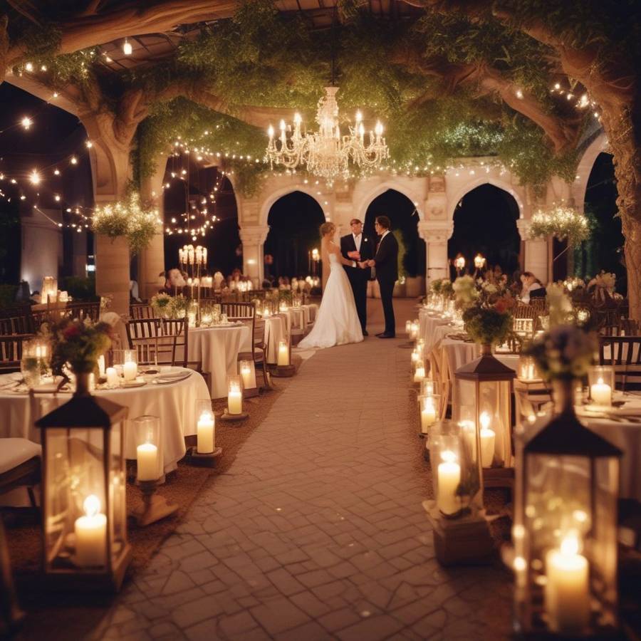 An evening garden wedding under a chandelier and string lights, with lanterns and candles lining the path