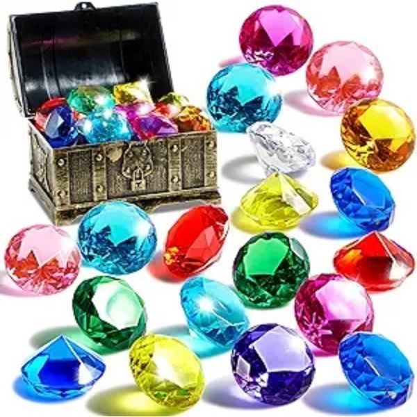 A small treasure chest with colorful sparkling gems around it