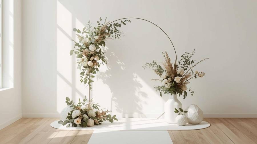 A round ceremony arch with eucalyptus, roses and dried grasses beside a white vase of flowers