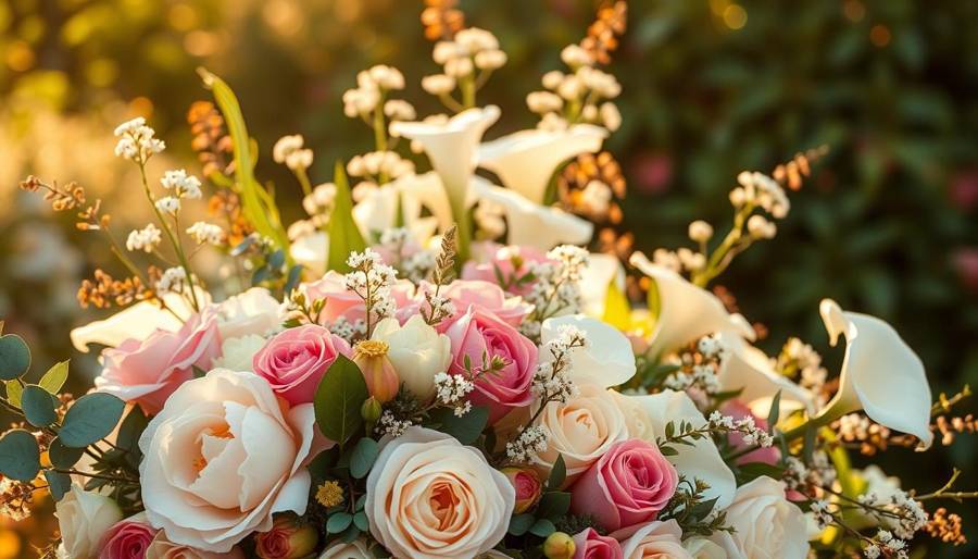 A bouquet of roses, calla lilies and baby's breath in golden evening light