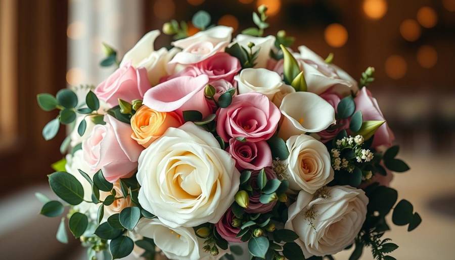 A bridal bouquet of pink and cream roses, calla lilies and eucalyptus