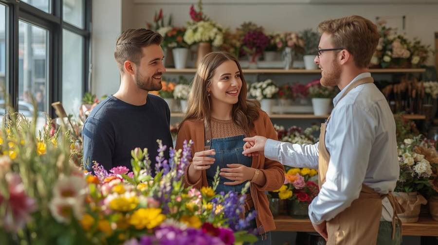 A couple talking with a florist in a flower shop