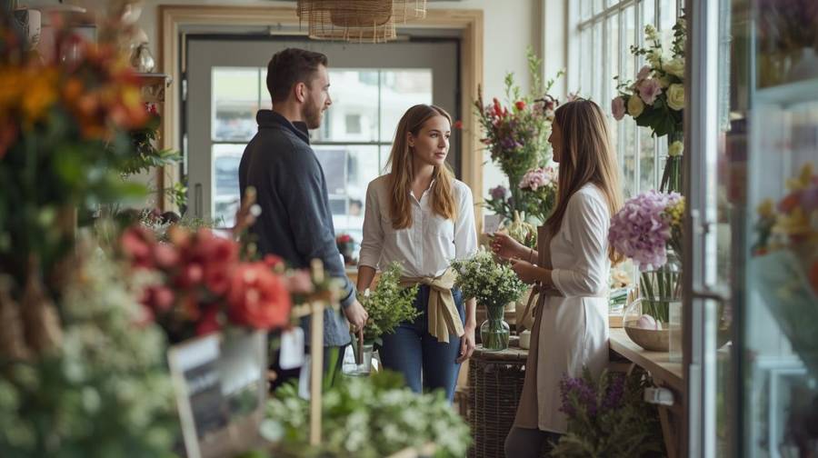 A couple talking with a florist among flowers in a shop