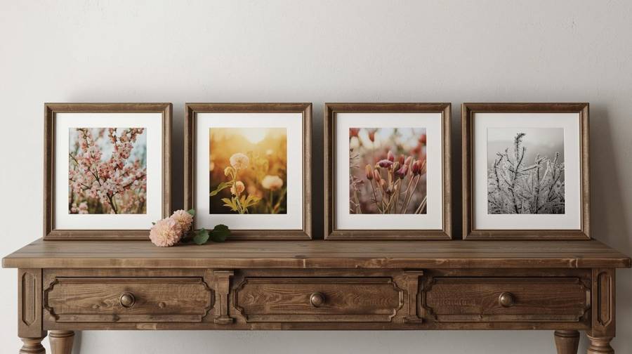 Four framed photographs of spring blossoms, summer light, autumn blooms and winter frost