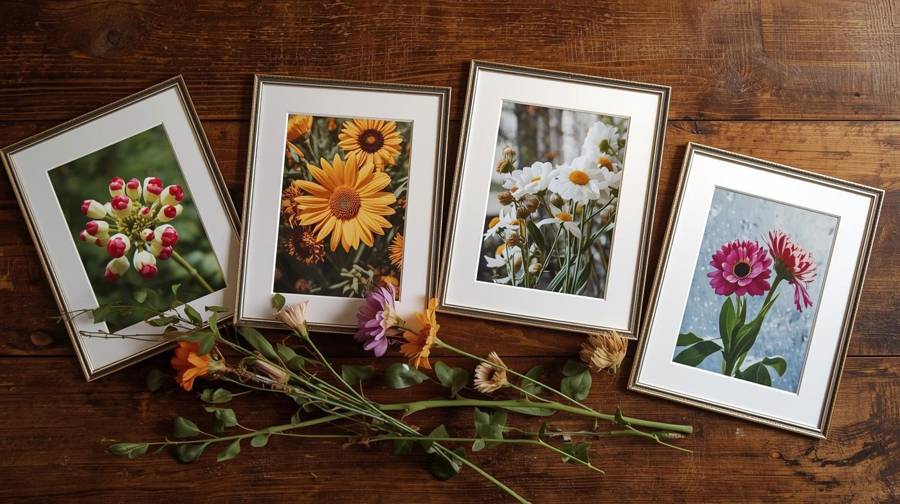 Four framed flower photographs of sunflowers, daisies and gerbera daisies on a wooden table with fresh cut stems