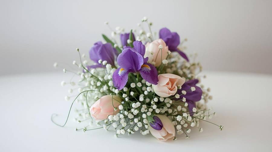 A spring bridal bouquet of purple iris, blush tulips and baby's breath