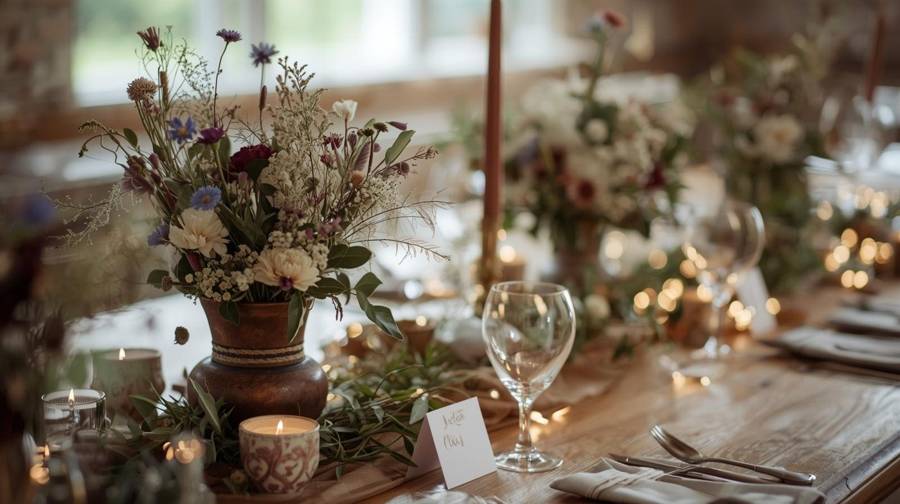 A wildflower centerpiece in a rustic vase with candles and place cards on a wooden reception table