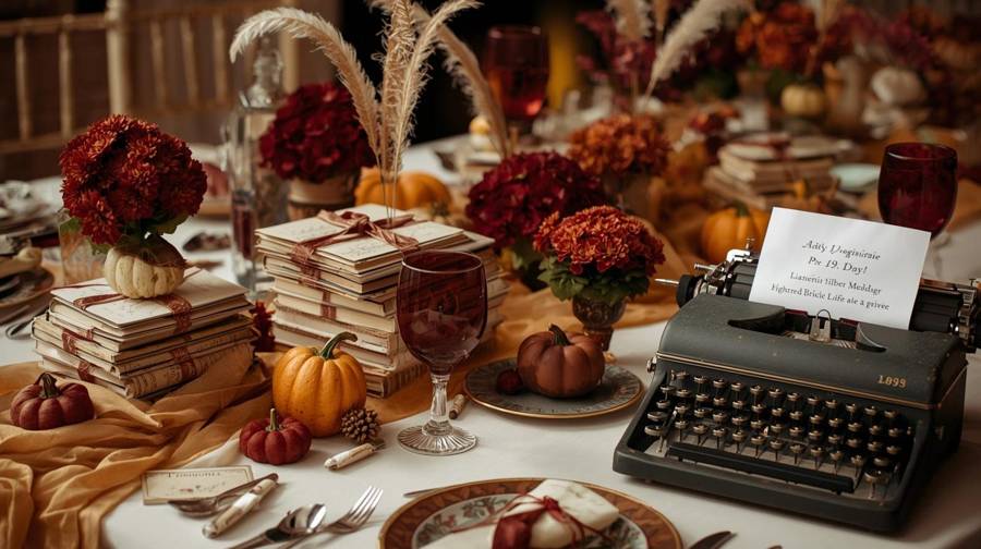 Stacks of ribbon-tied letters, burgundy mums, pumpkins, wine glasses and a vintage typewriter on a fall table