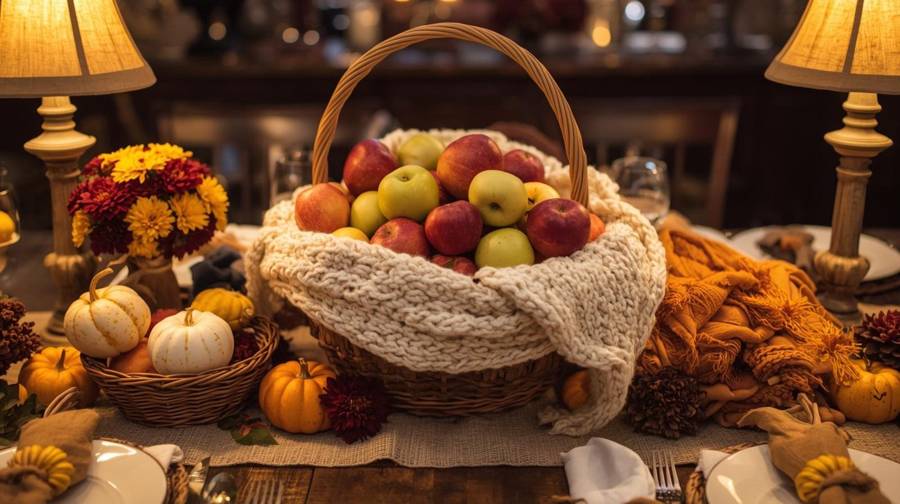 A basket of polished apples draped in cream knit with glowing lamps behind it