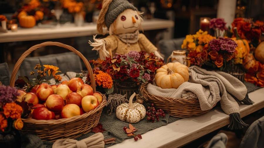 An apple basket with a scarecrow, pumpkins and knit throws for guests