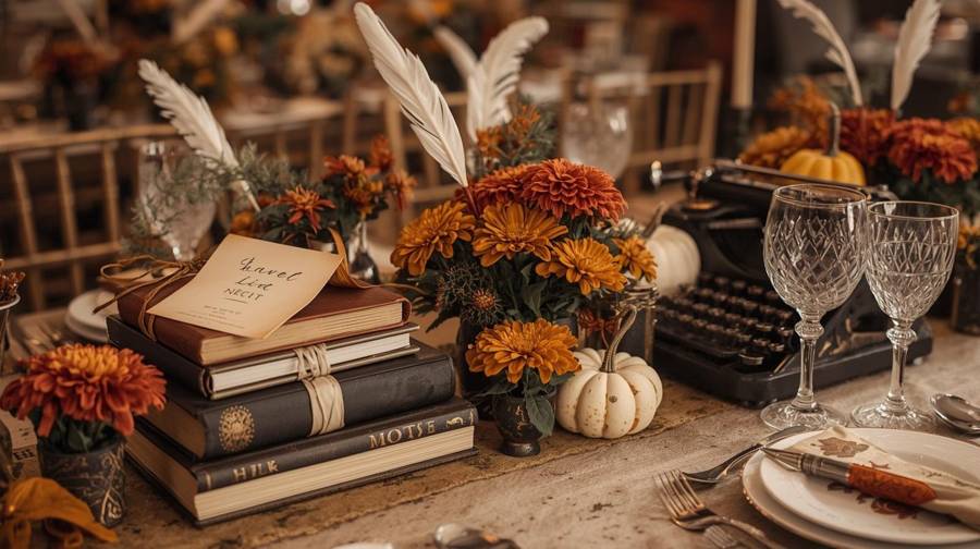 Stacked vintage books, a typewriter, white feathers, mums and small pumpkins on a fall wedding table