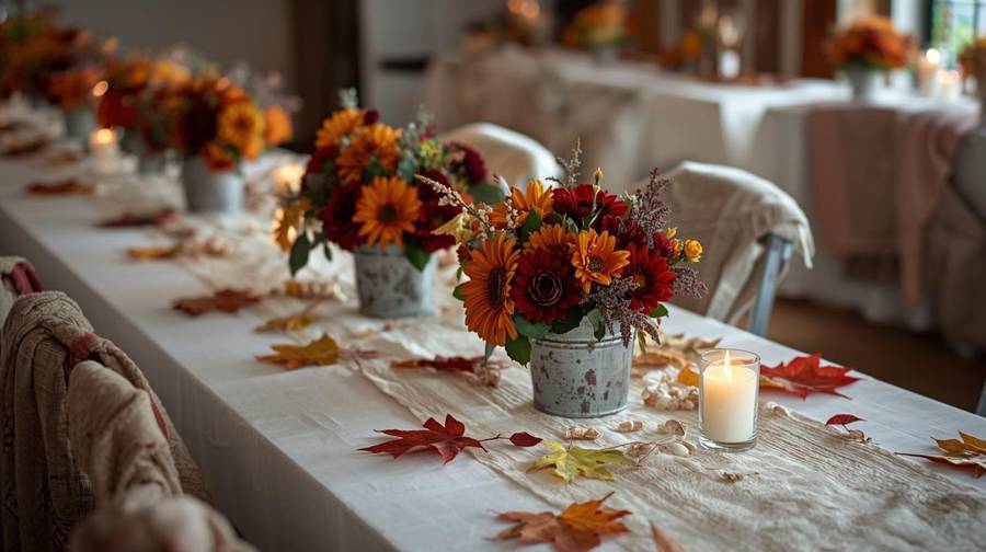 Galvanized buckets of orange and burgundy mums on a table runner scattered with fall leaves