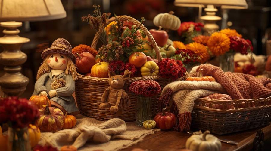 A scarecrow doll and plush beside a basket of apples, mums and pumpkins, with a basket of knit throws