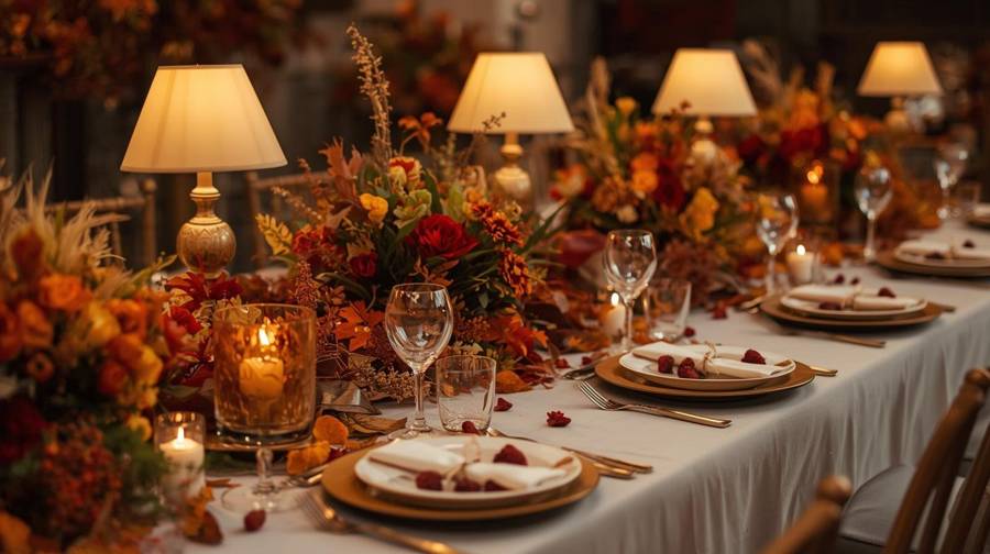 Table lamps glowing among autumn flowers and leaves on a long fall wedding table