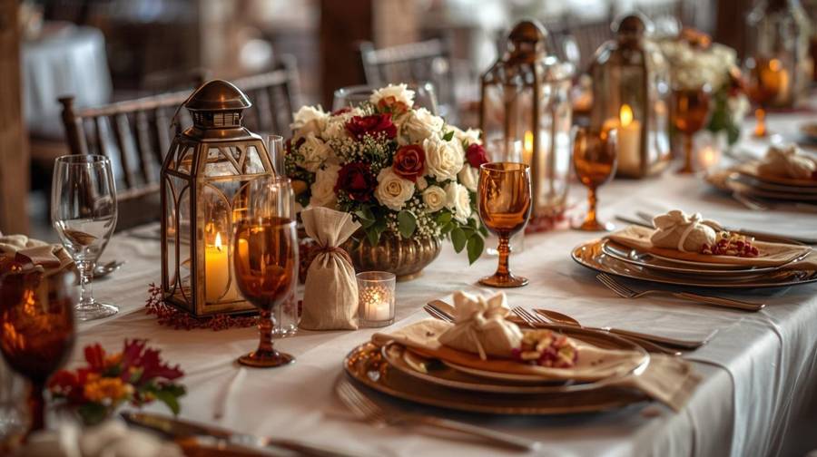 Amber glasses, lanterns and burgundy roses on a candlelit fall wedding table