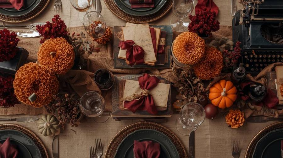 Overhead view of a fall table with orange mums, letters tied in red ribbon, a typewriter and small pumpkins