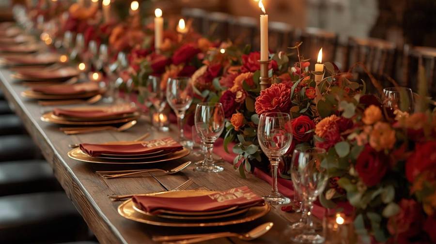 A long wooden fall wedding table with a red runner, candles and red and orange flowers